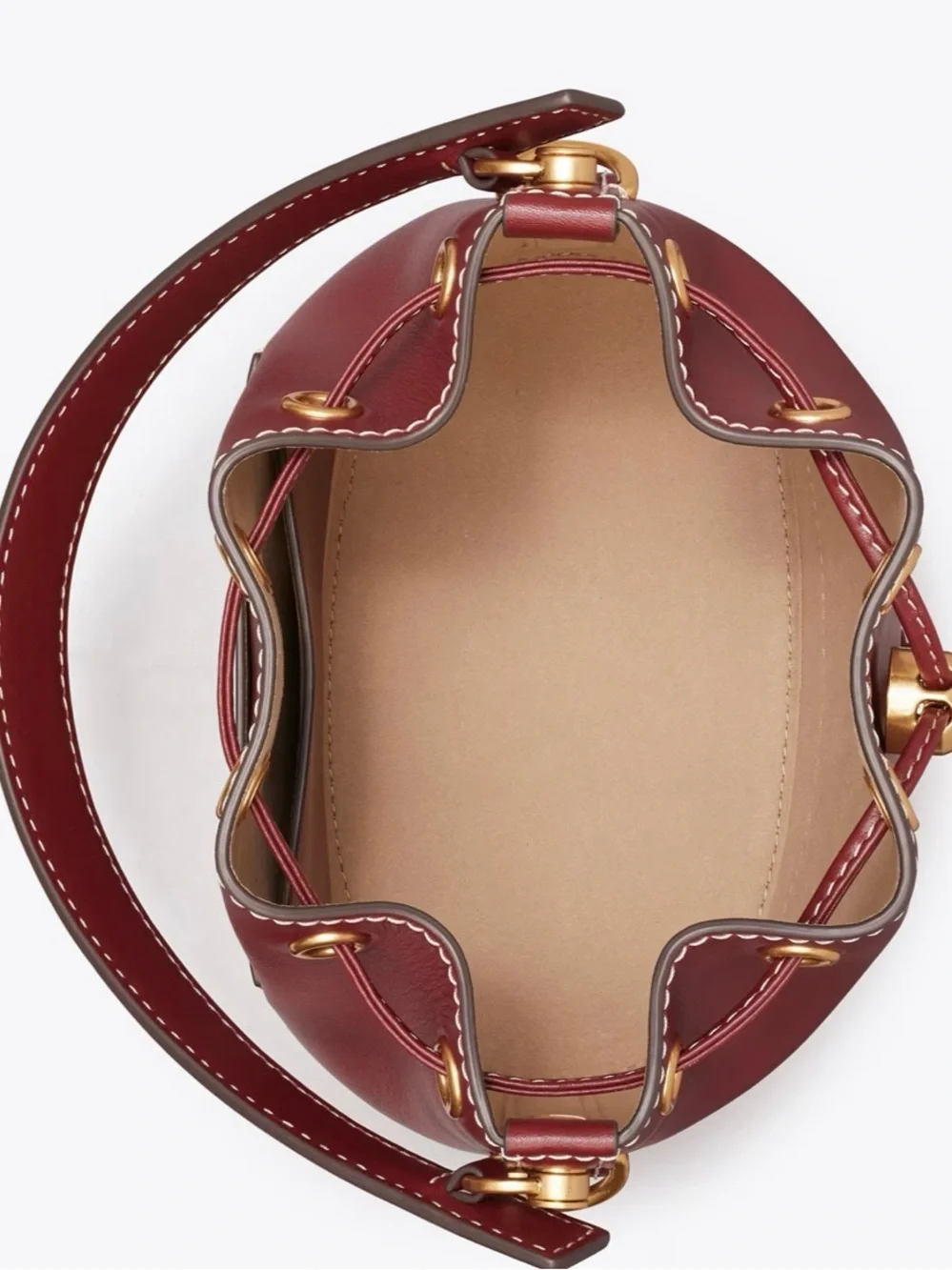 Tory Burch Leather Drawstring Bucket Bag with Gold Hardware in Huckleberry Color